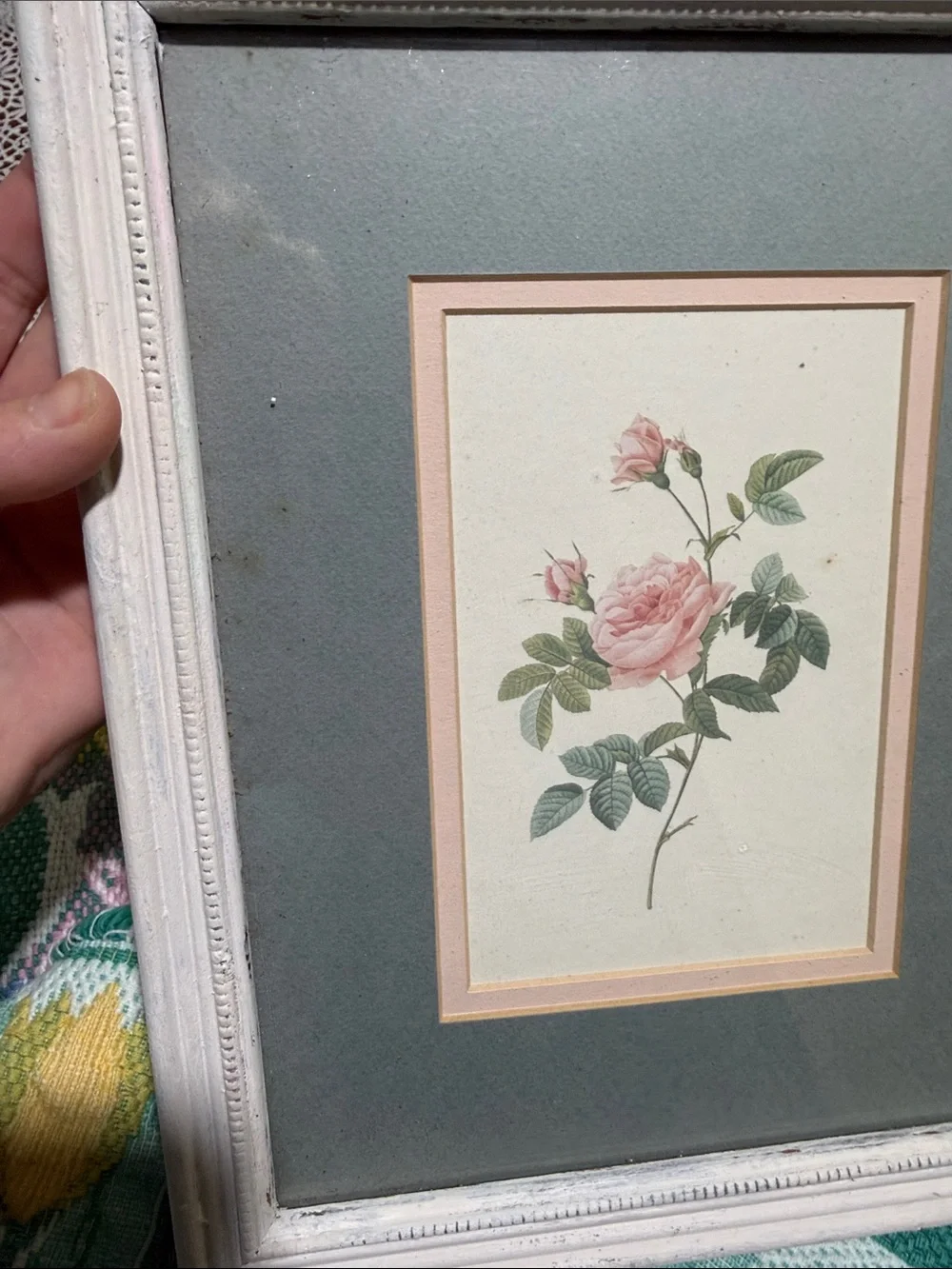 Home Interiors White Frame with Pink Rose Print and Green Mat